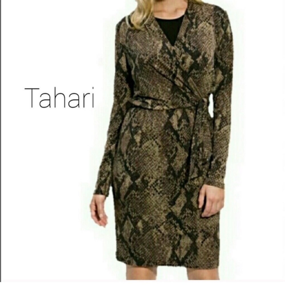 Tahari Brown Snake-Print Long Sleeve Wrap Dress